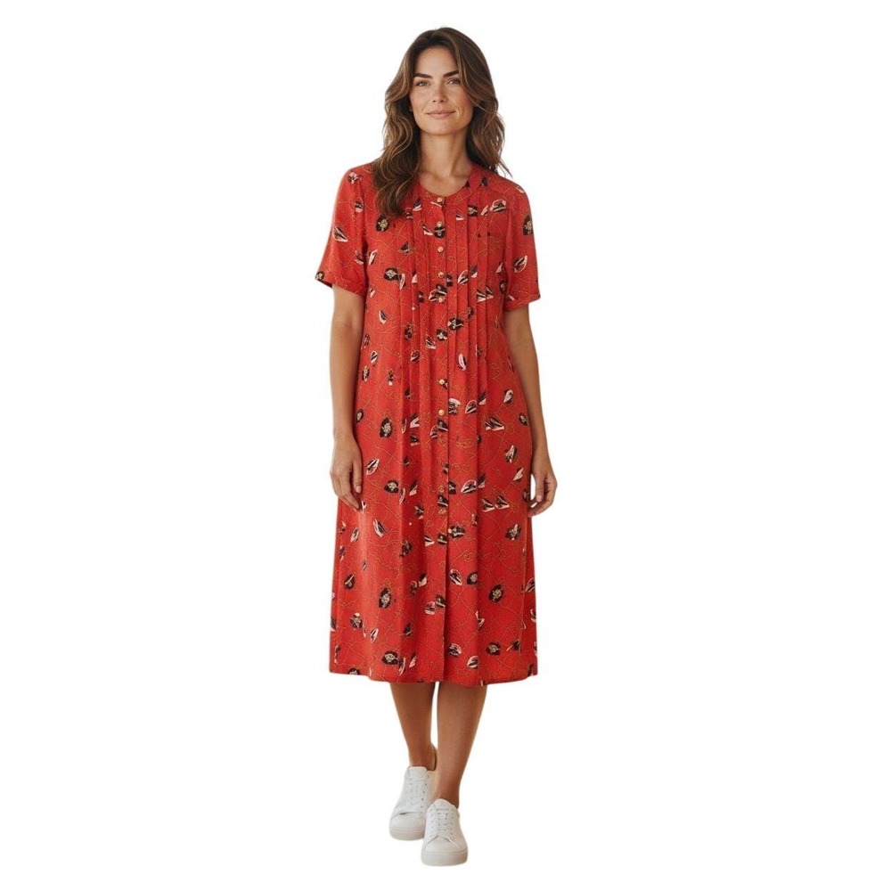 Vintage Adolfo Fine Feathers Red Nautical‎ Dress Gold Buttons Pleated Size L